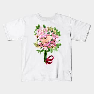 Pink Flowers Bouquet with red ribbon, watercolor Kids T-Shirt